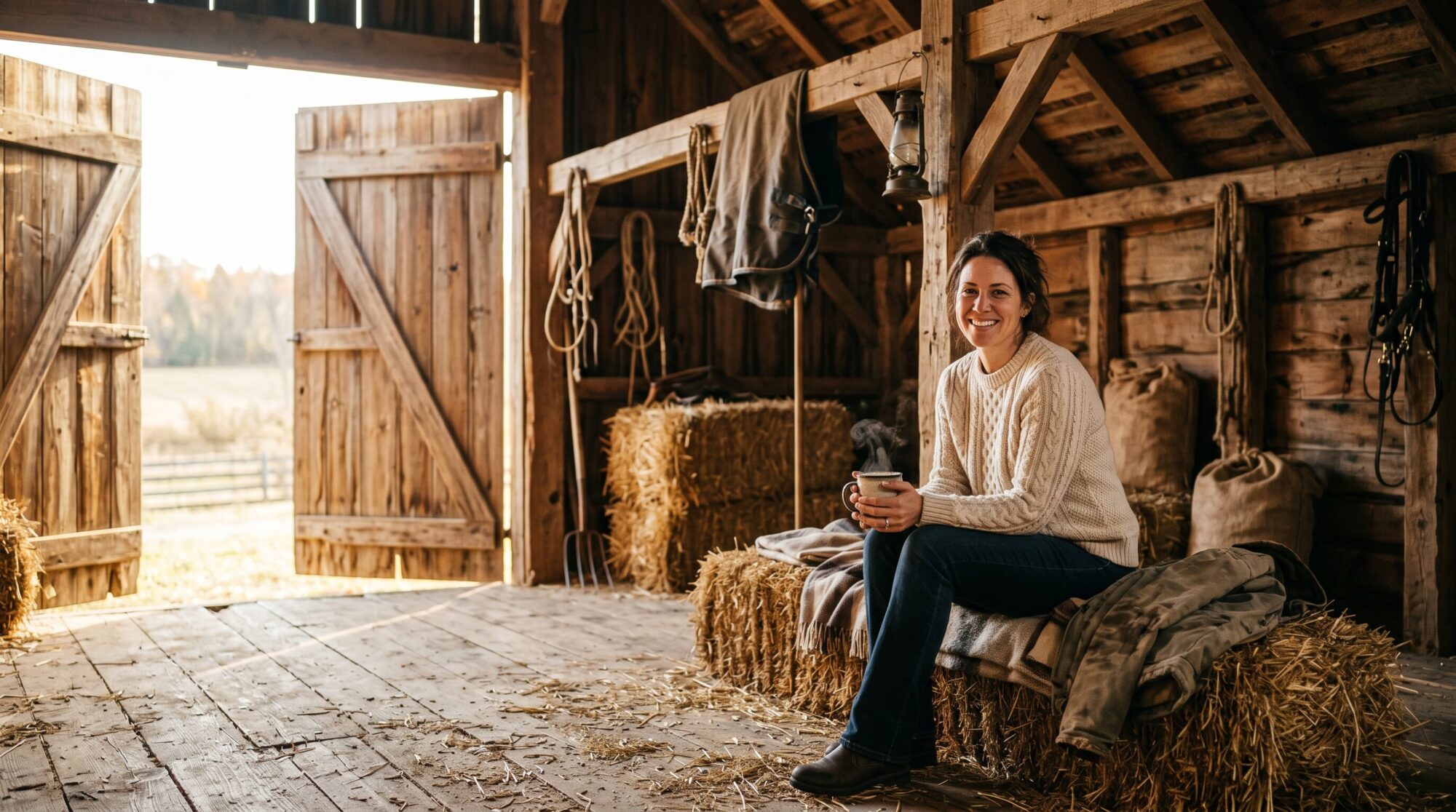 Mom sitting on hay bale in cozy barn with coffee during horse lessons