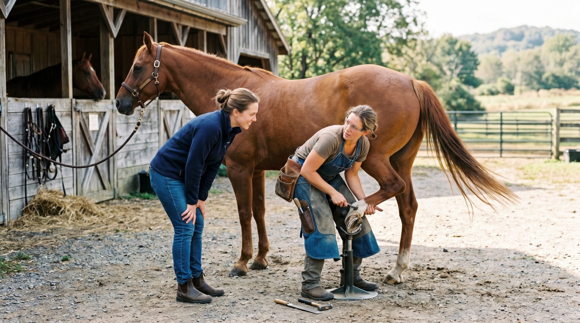 Farrier picking and inspecting a horse hoof while attentive barn mom watches and learns