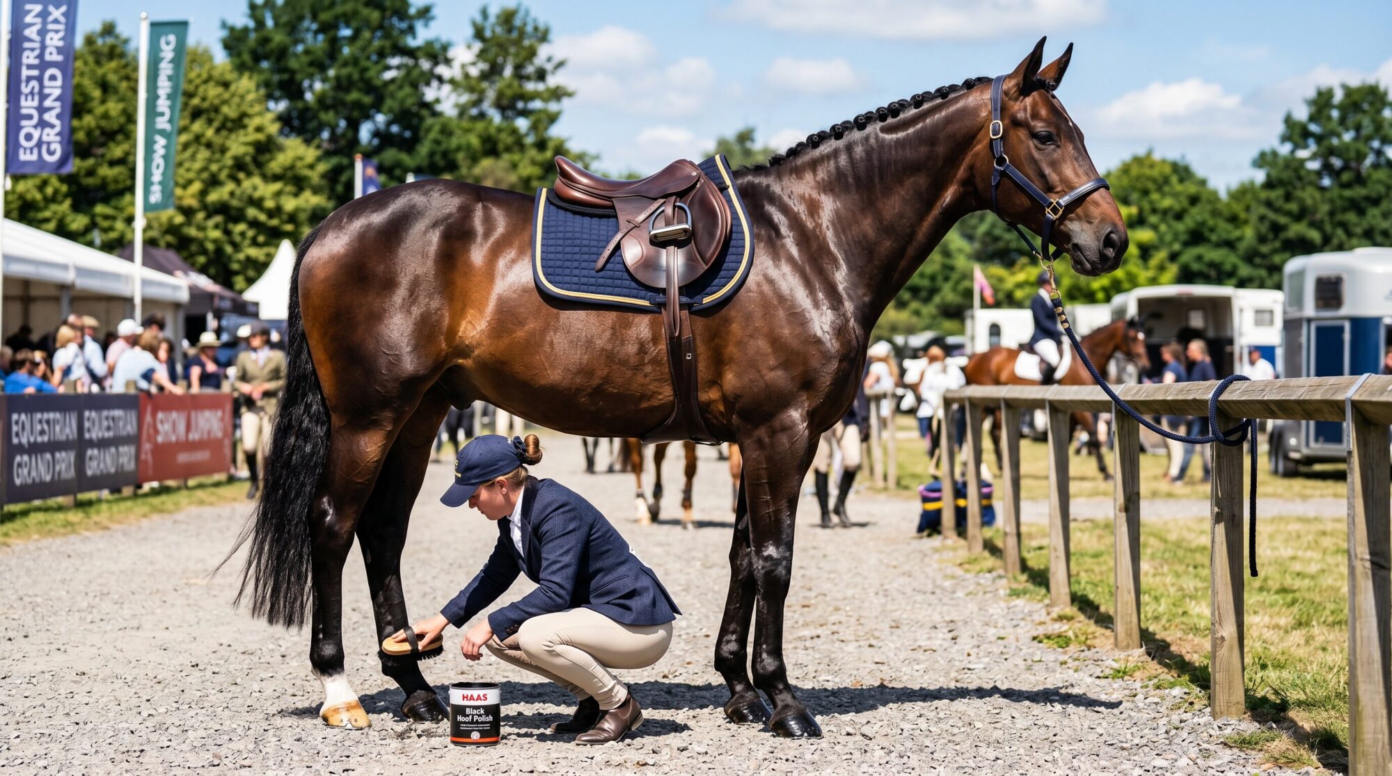 Horse being groomed and polished at a show with braided mane
