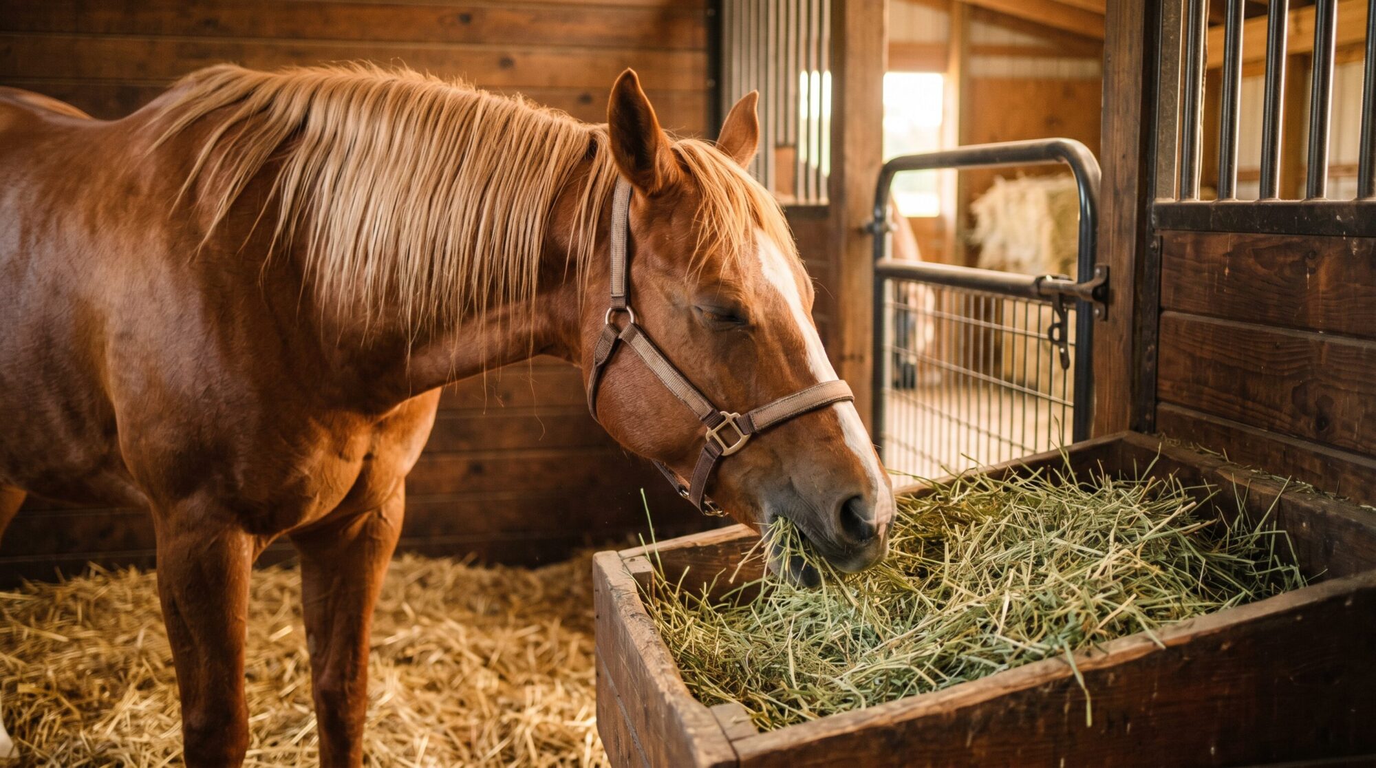 Horse happily eating fresh hay in a clean stall with golden barn light