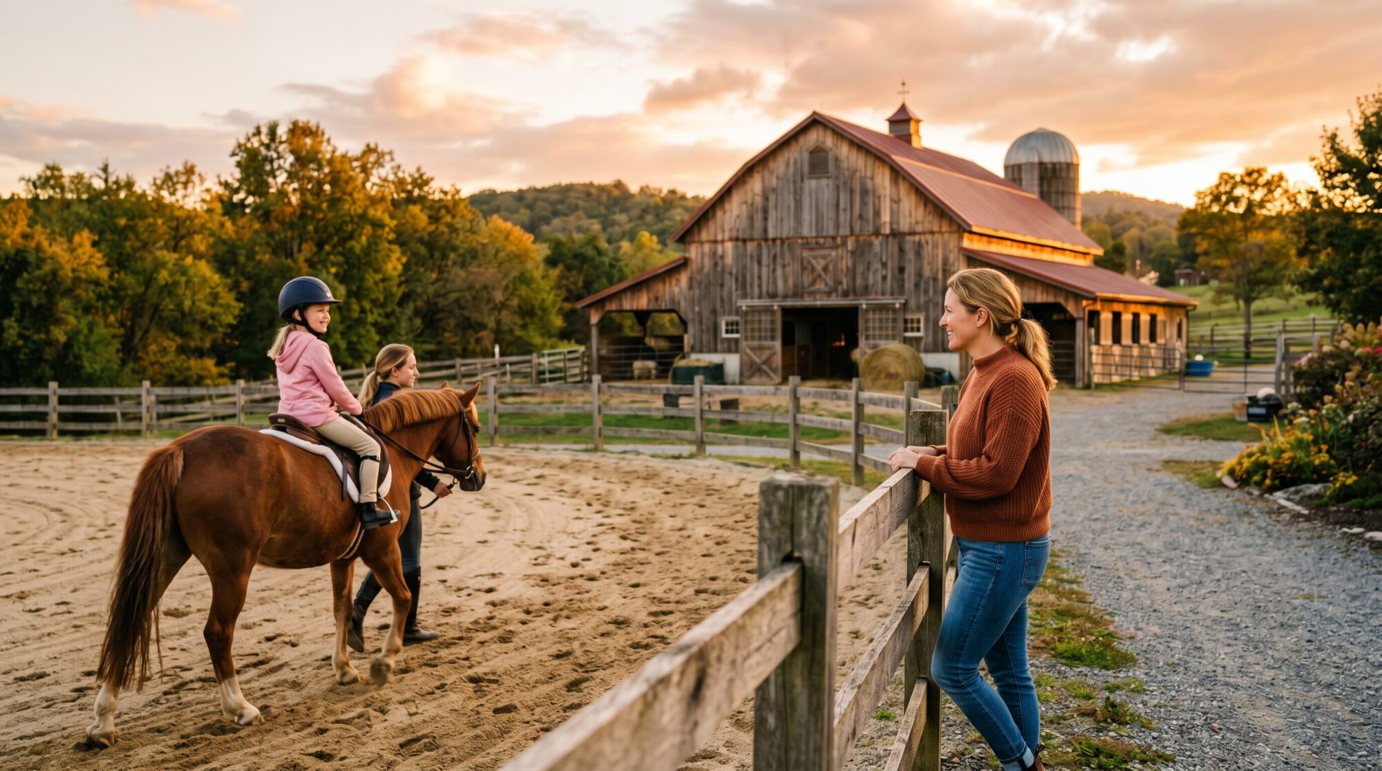 Barn mom watching her daughter ride a horse at golden hour