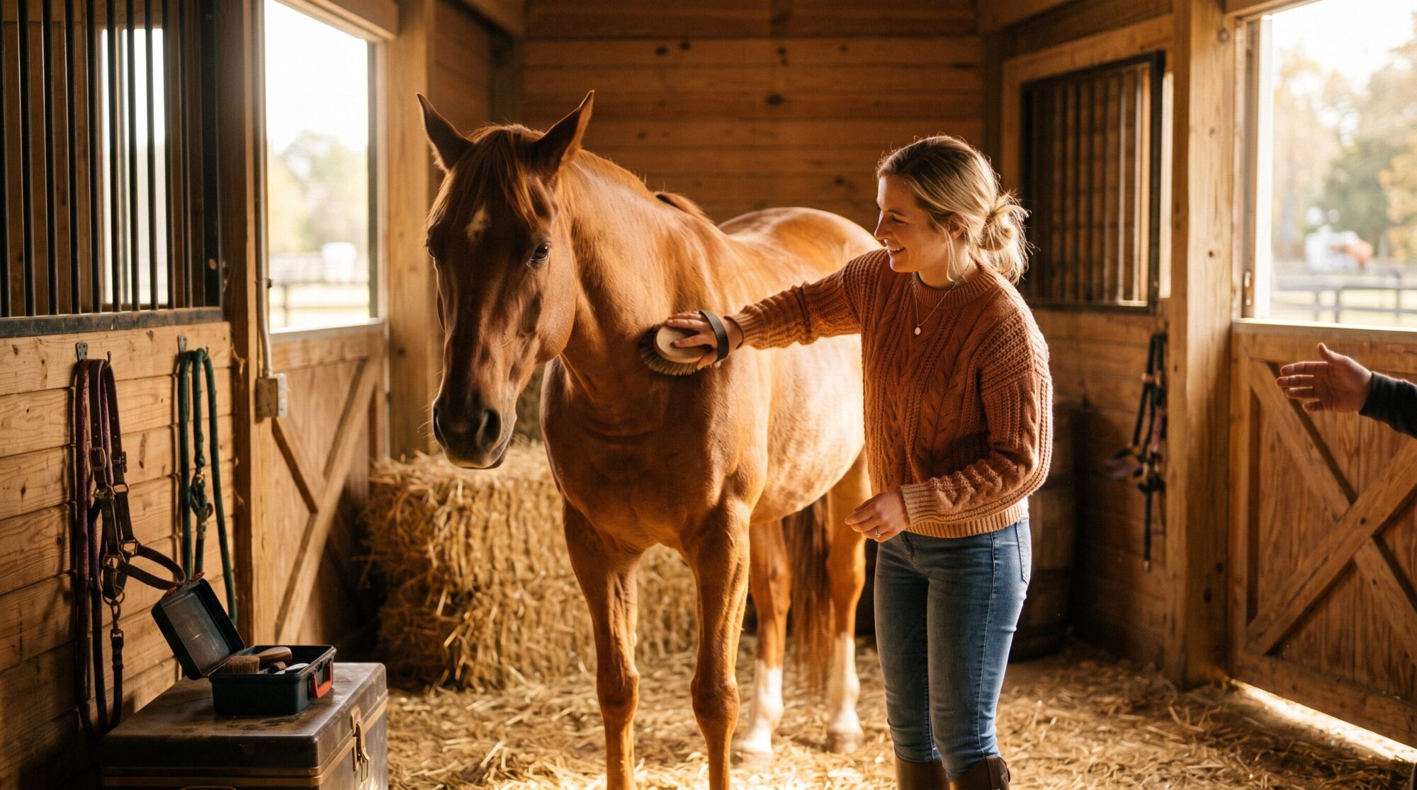 Barn mom leaning over stall door having a heartfelt conversation with her horse
