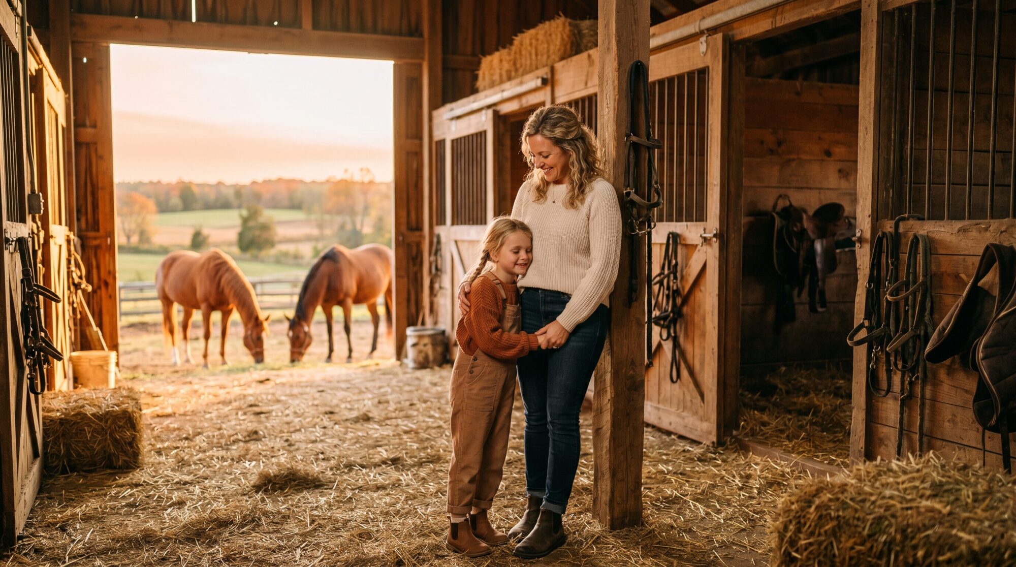 Peaceful barn mom and daughter standing together at golden hour in a beautiful barn