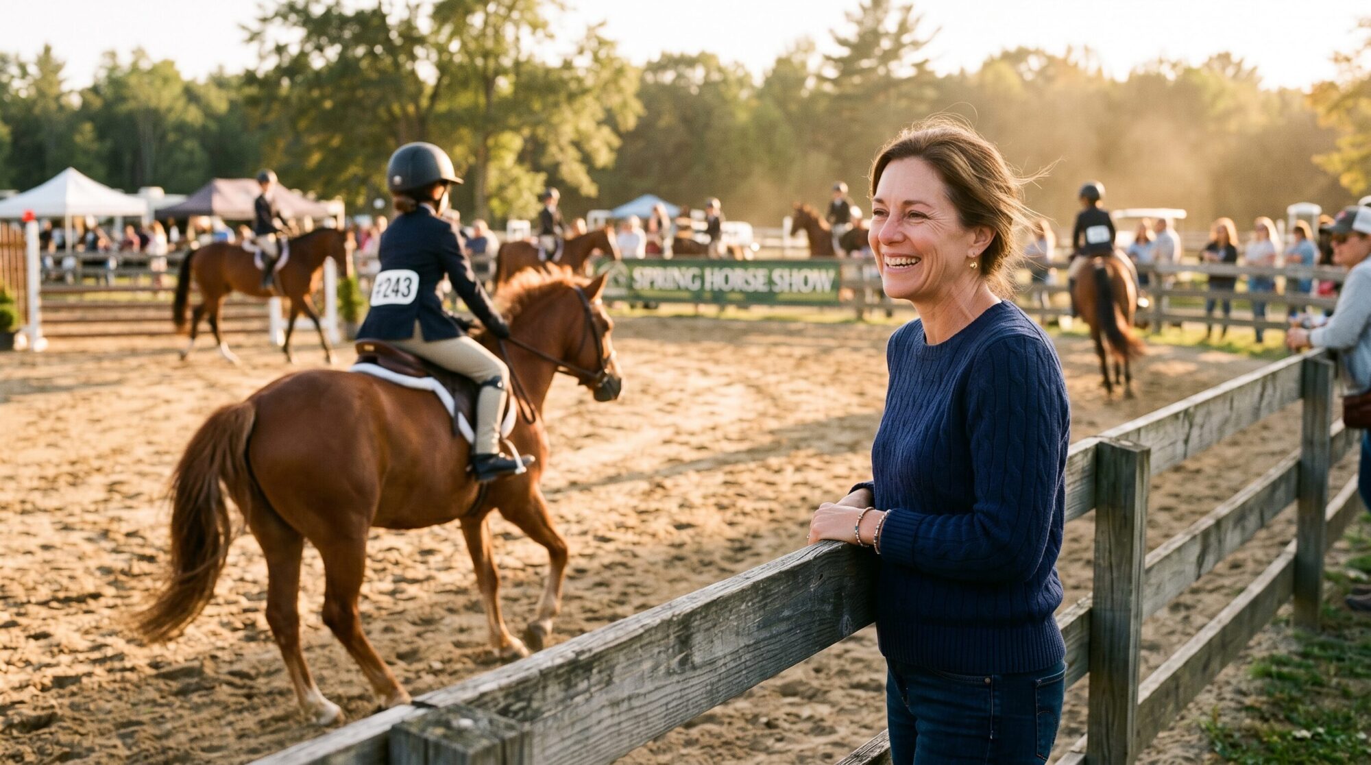 Proud smiling barn mom watching her daughter ride in a horse show ring