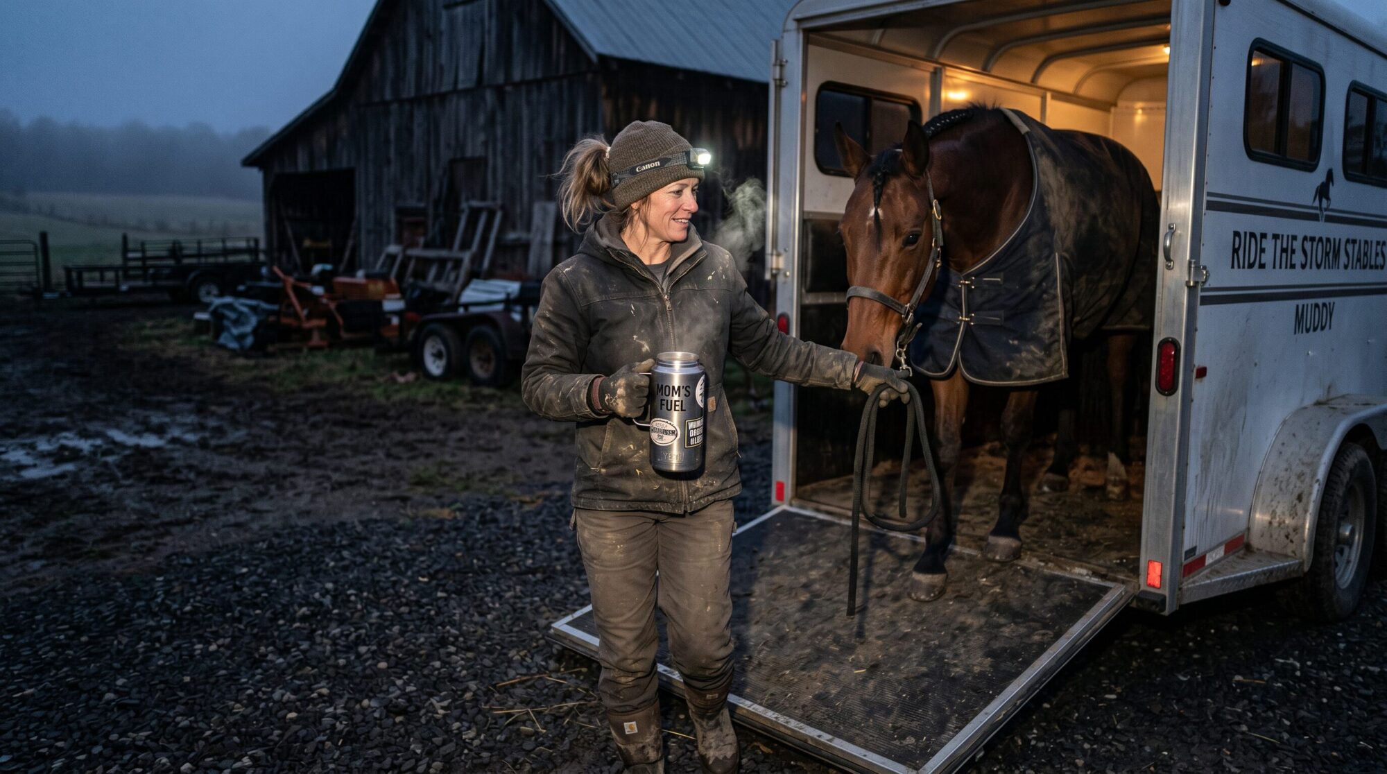 Tired but determined barn mom loading horse trailer by flashlight in early morning