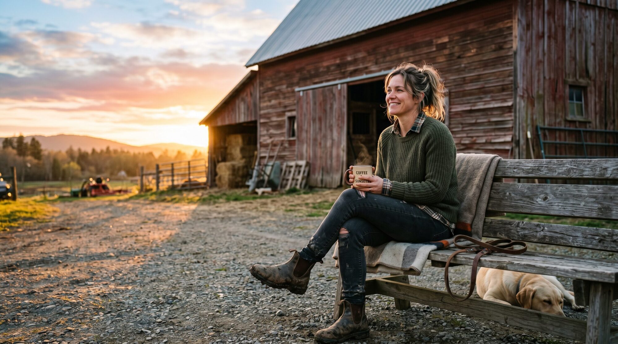 Happy barn mom sitting outside barn at sunset with coffee smiling peacefully