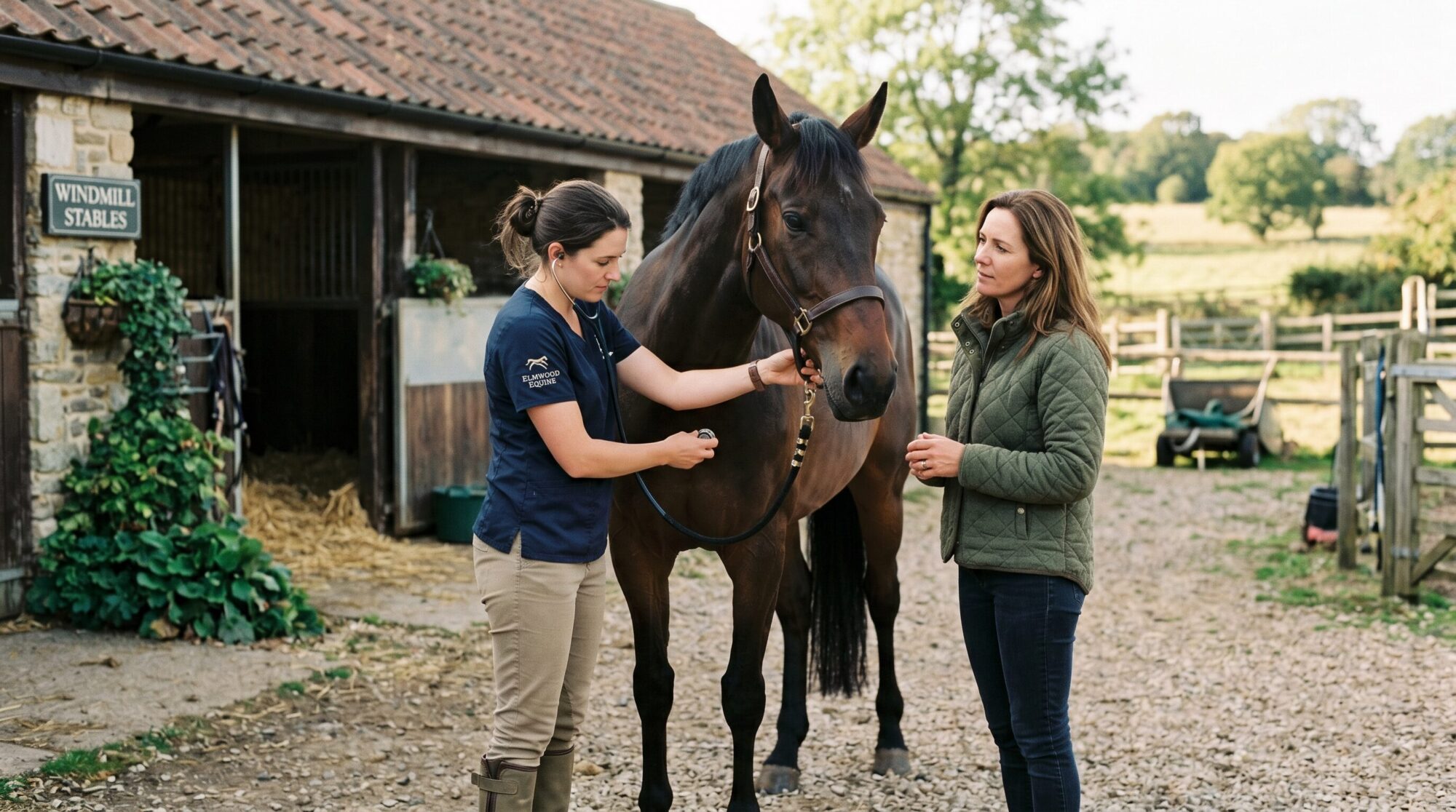 Veterinarian checking a horse vitals while attentive barn mom watches at stable