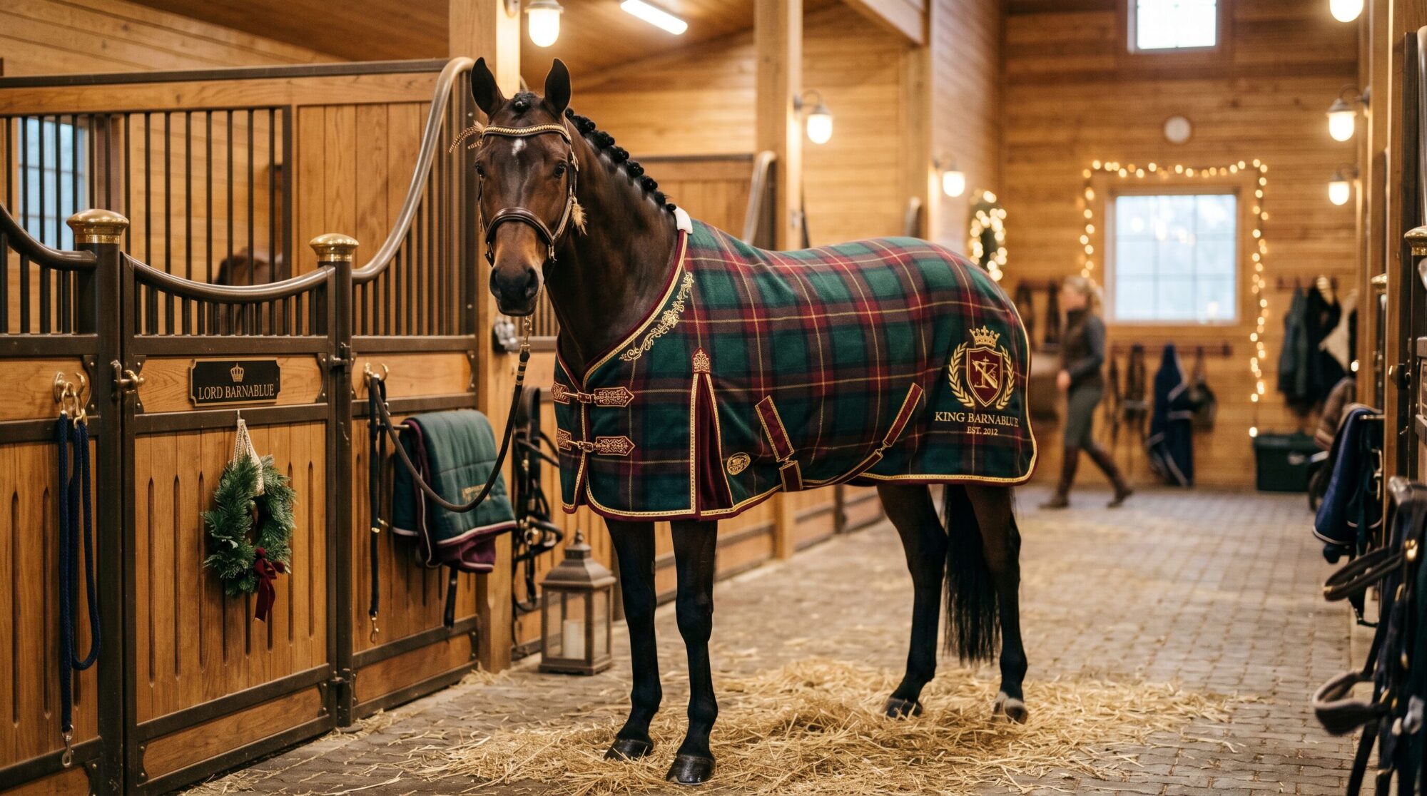 Well-dressed horse wearing a fancy blanket in a clean stable looking regal