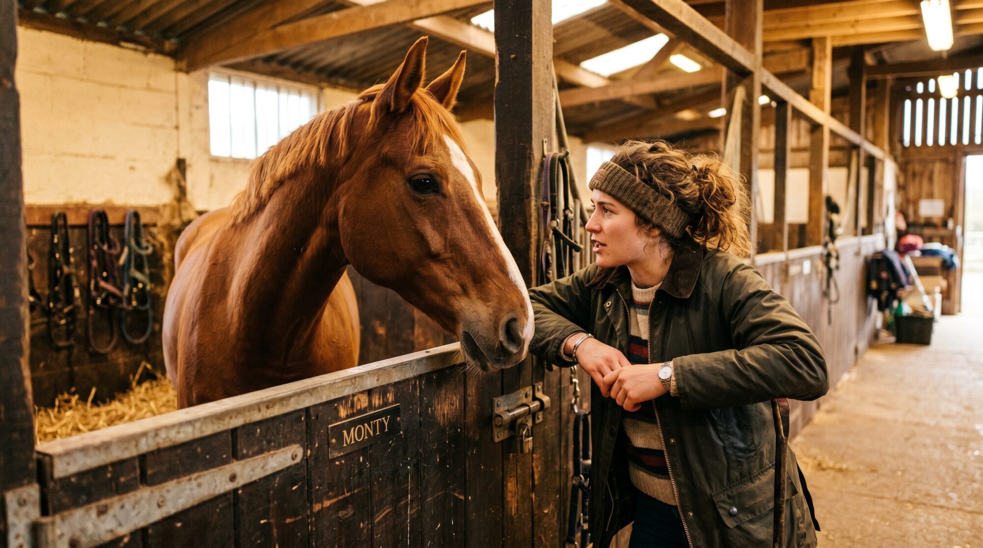 Woman having a serious face to face conversation with her horse at the stall