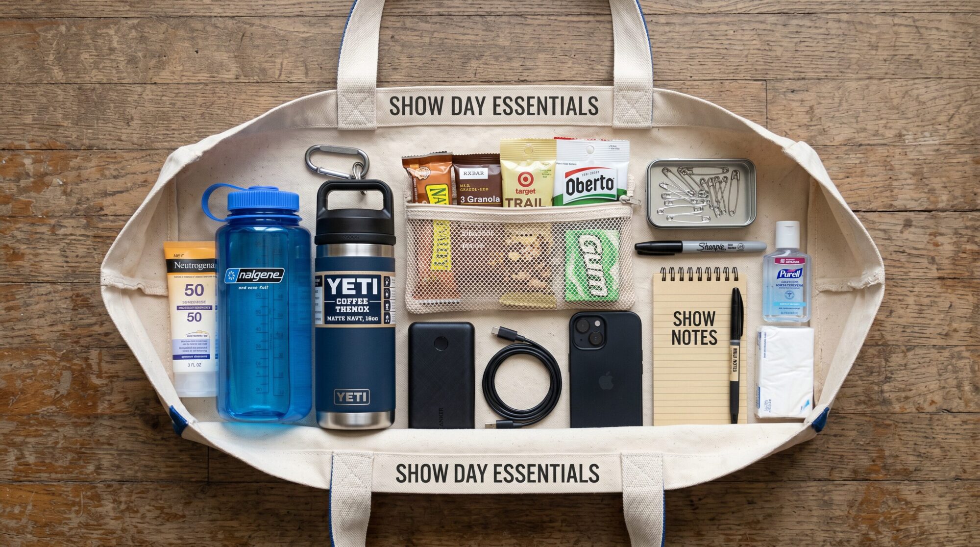 Organized show mom tote bag with sunscreen snacks phone charger and essentials