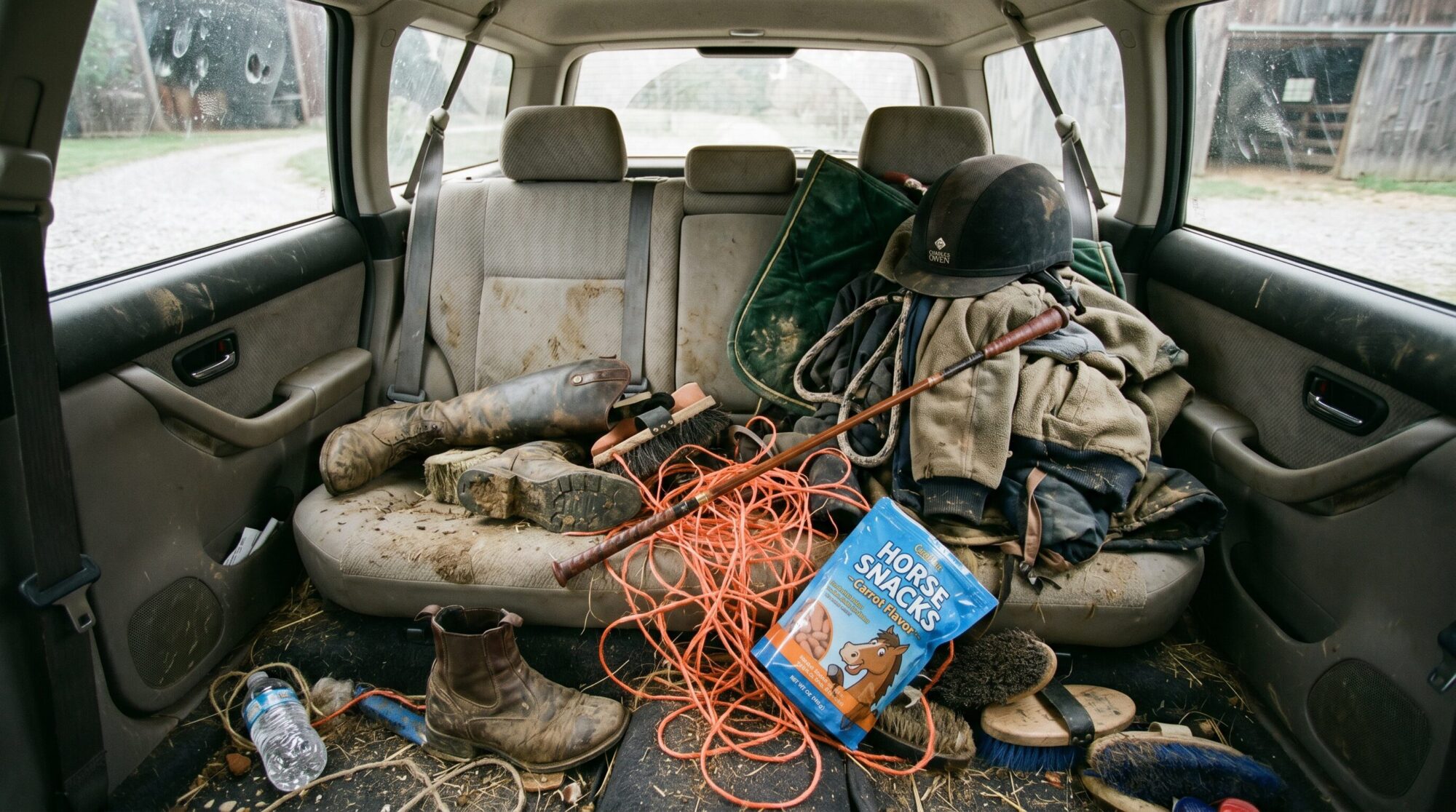 Messy car interior filled with horse riding gear boots grooming brushes and tack