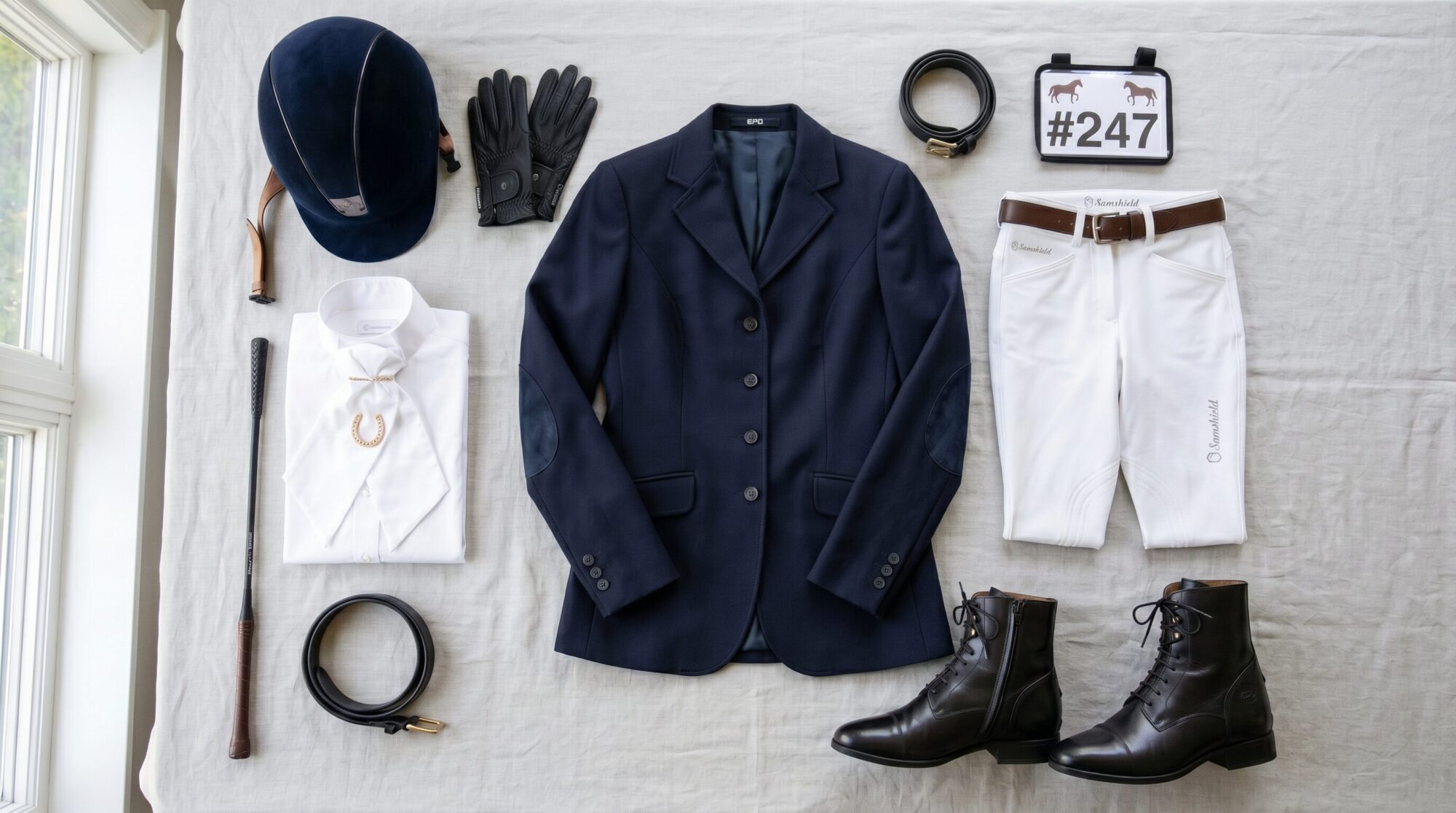 English riding show clothes and gear laid out including boots helmet and show coat