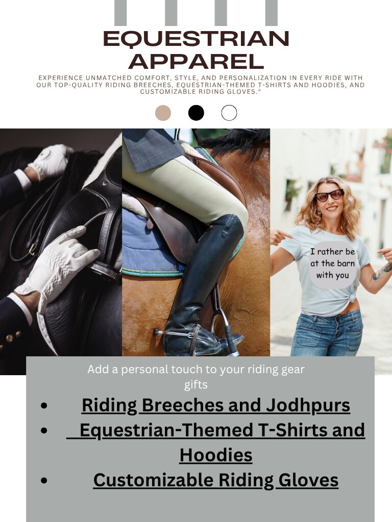 Equestrian apparel guide featuring riding breeches, horse-themed t-shirts and hoodies, and customizable riding gloves