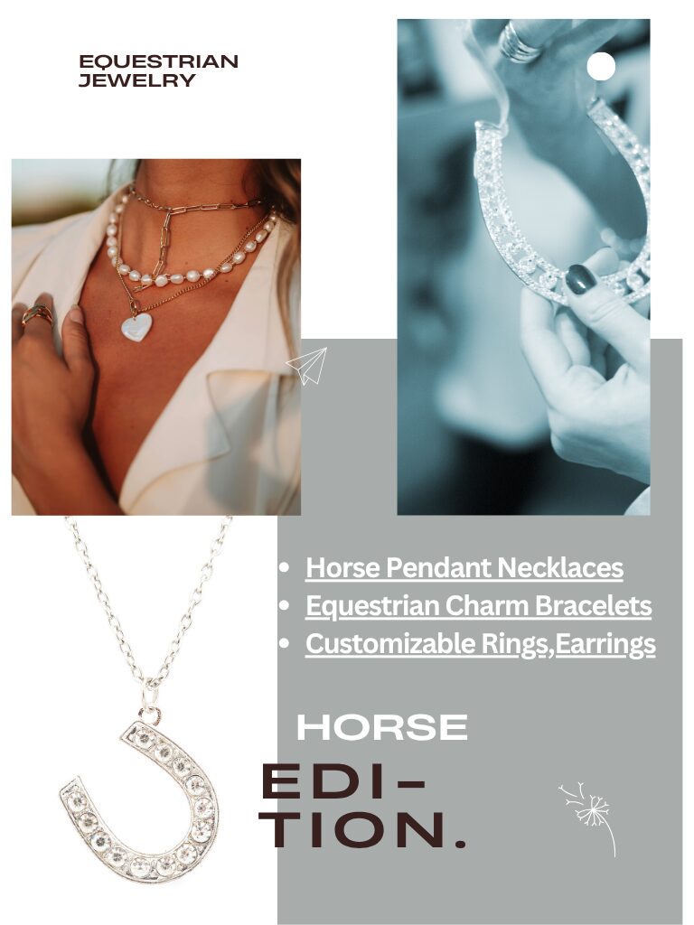 Equestrian jewelry guide featuring horse pendant necklaces, charm bracelets, and customizable rings and earrings