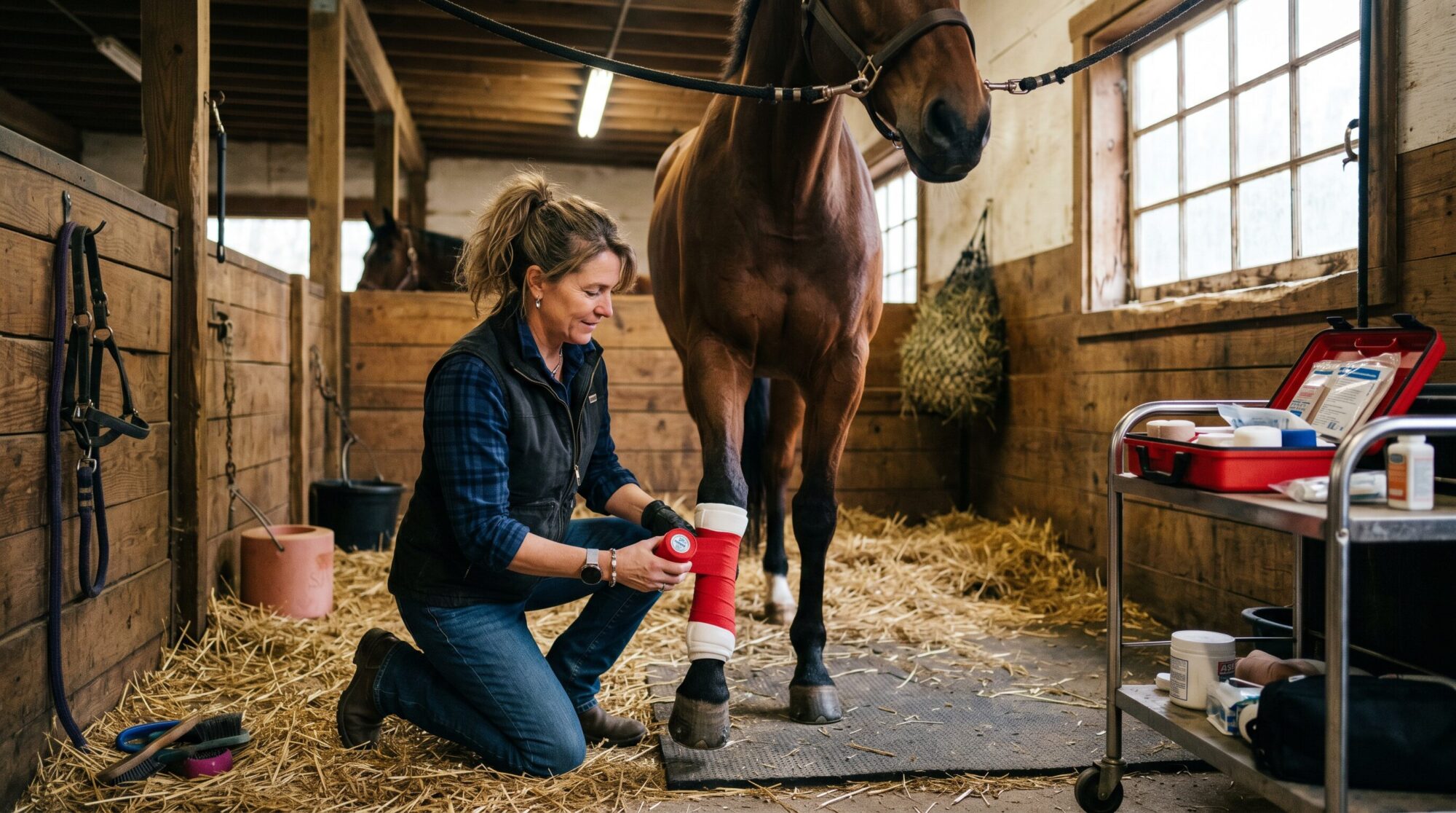 Barn mom carefully wrapping a horse leg with vet wrap learning equine first aid