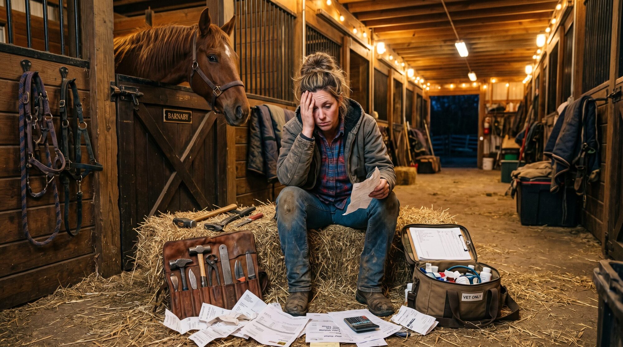 Stressed barn mom sitting on hay bale surrounded by horse care bills and receipts while horse watches from stall