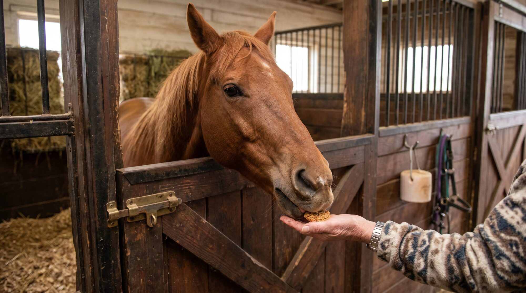 Horse happily nibbling a treat from someone's open palm over a stall door