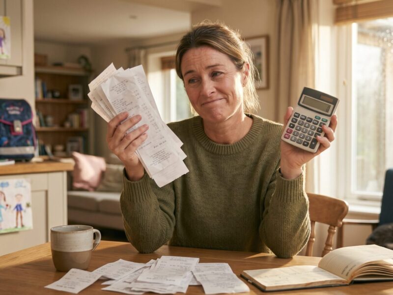 Barn mom sitting at a kitchen table reviewing receipts and a calculator for monthly horse expenses