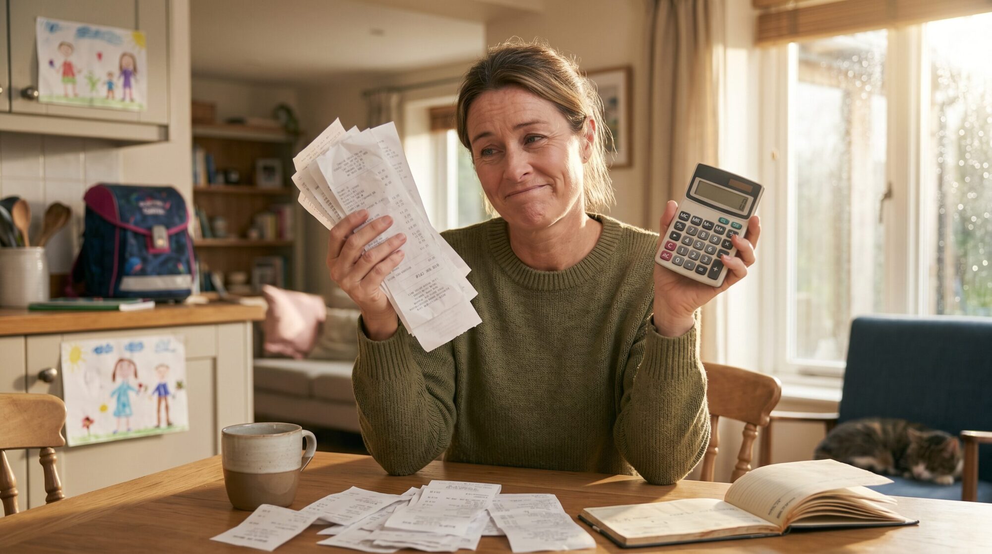 Barn mom sitting at a kitchen table reviewing receipts and a calculator for monthly horse expenses
