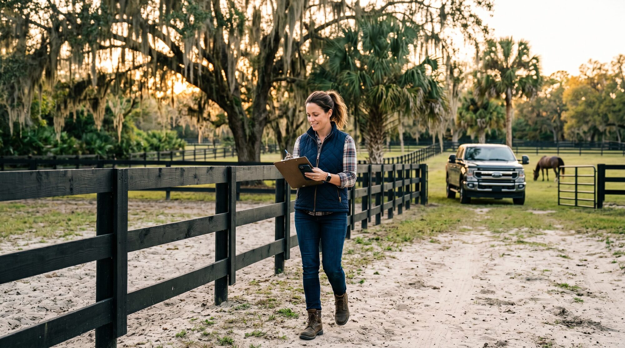 Woman in a quilted vest walking a horse property driveway with a clipboard, truck and horses in the pasture beyond
