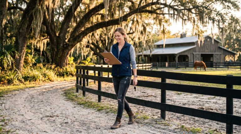Woman in a quilted vest checking a clipboard while walking a horse property fence line, barn in the background
