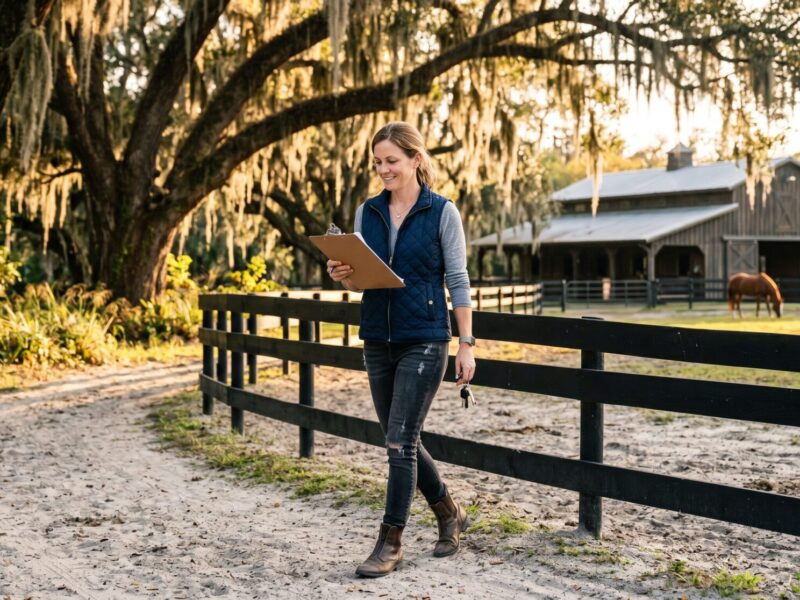 Woman in a quilted vest checking a clipboard while walking a horse property fence line, barn in the background