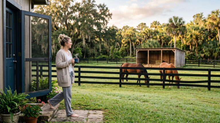 Woman in pajamas holding a coffee mug, watching horses graze in her own backyard pasture at sunrise