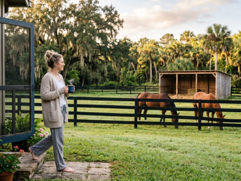 Woman in pajamas holding a coffee mug, watching horses graze in her own backyard pasture at sunrise
