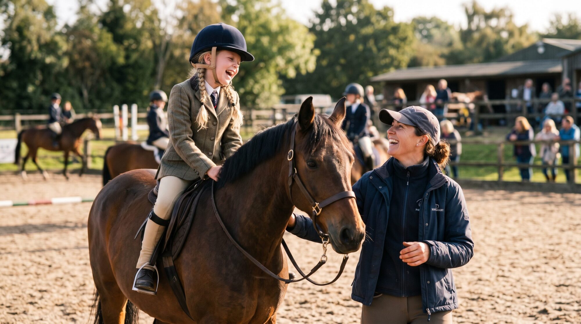 Young equestrian girl sitting on horse laughing with riding instructor genuine joy