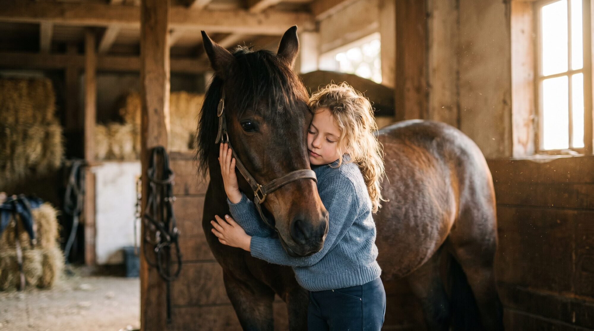 Young girl hugging her horse's neck with eyes closed in an emotional moment showing the bond that makes every expense worth it
