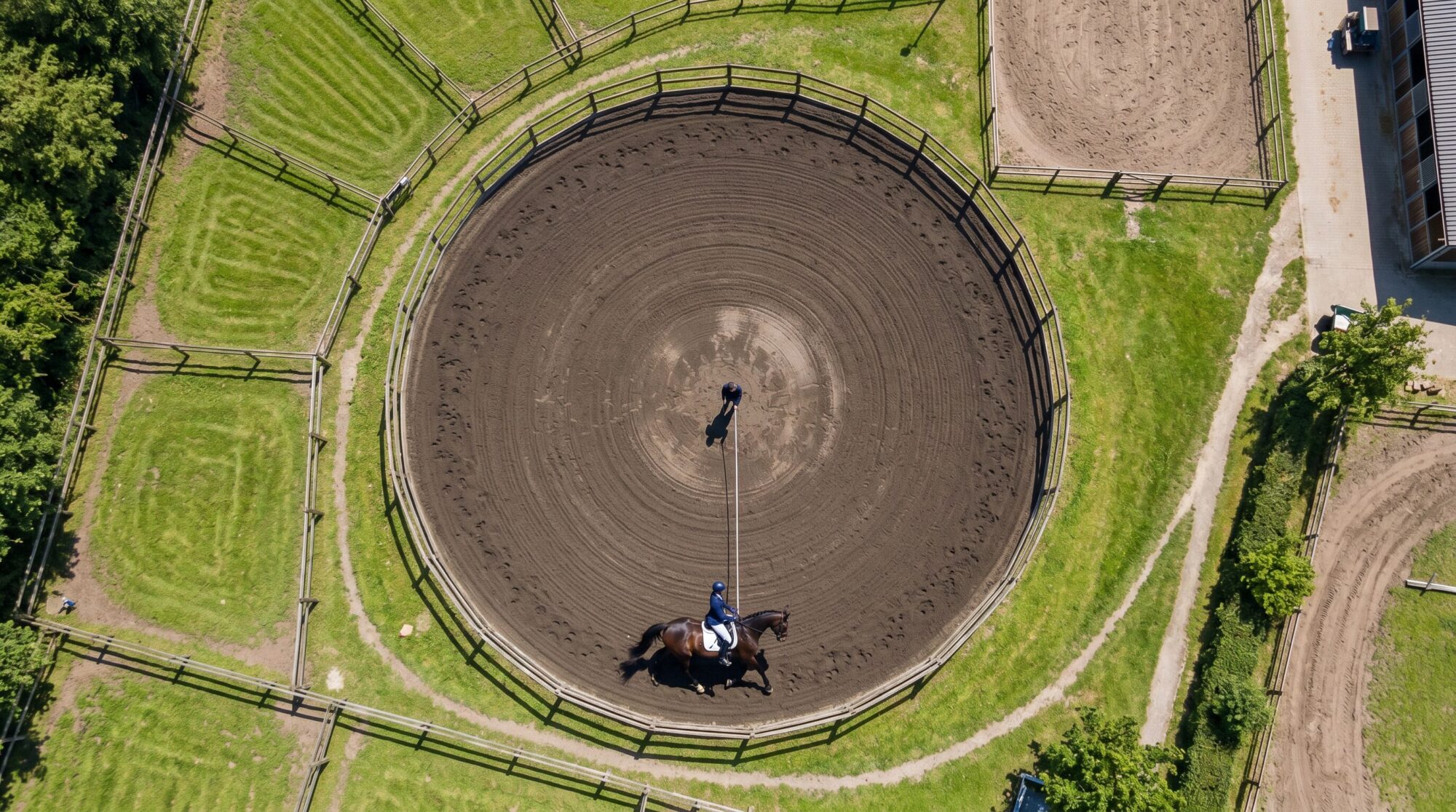 Bird's eye overhead view of horse and rider trotting in circle on lunge line in arena