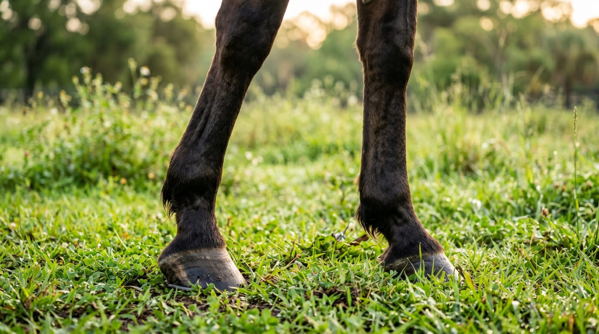 Close-up of a horse's lower legs and hooves standing in green Florida pasture grass