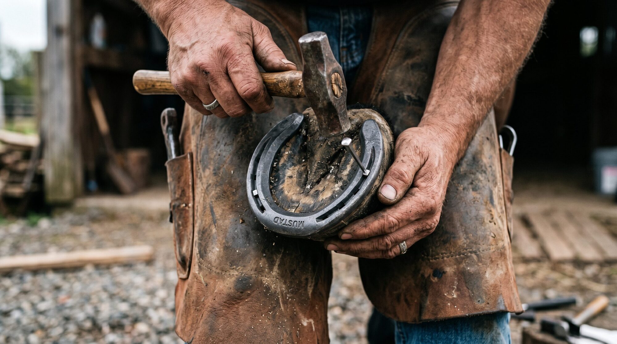 Extreme close-up of a farrier's hands nailing a horseshoe onto a horse's hoof