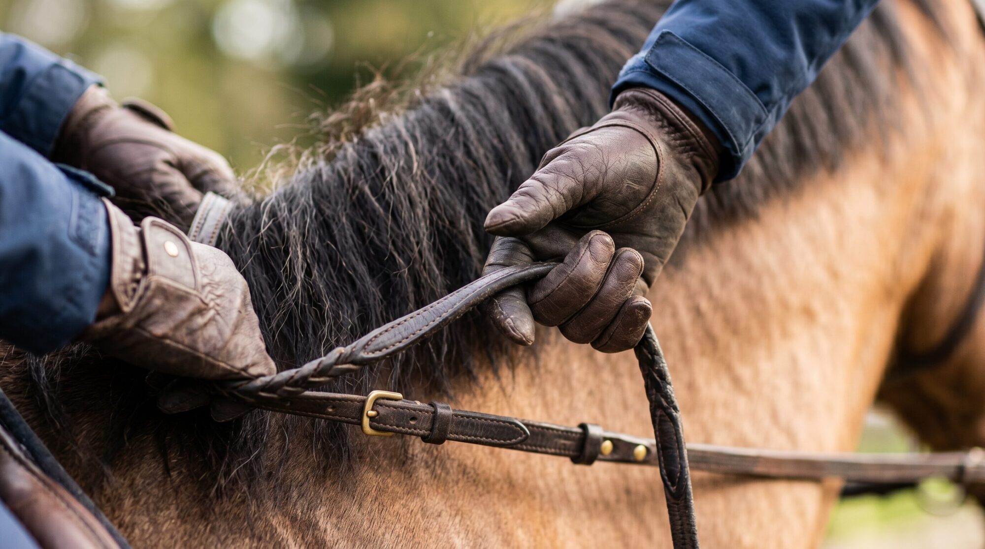 Close up of rider hands holding reins correctly with soft relaxed fingers
