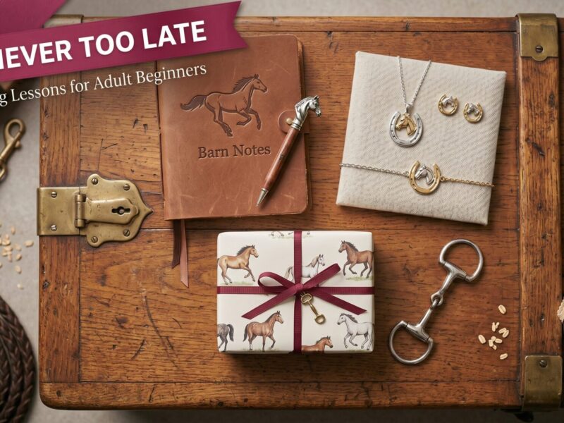 Flat-lay of horse-themed gifts including jewelry and a notebook on a wood tack trunk