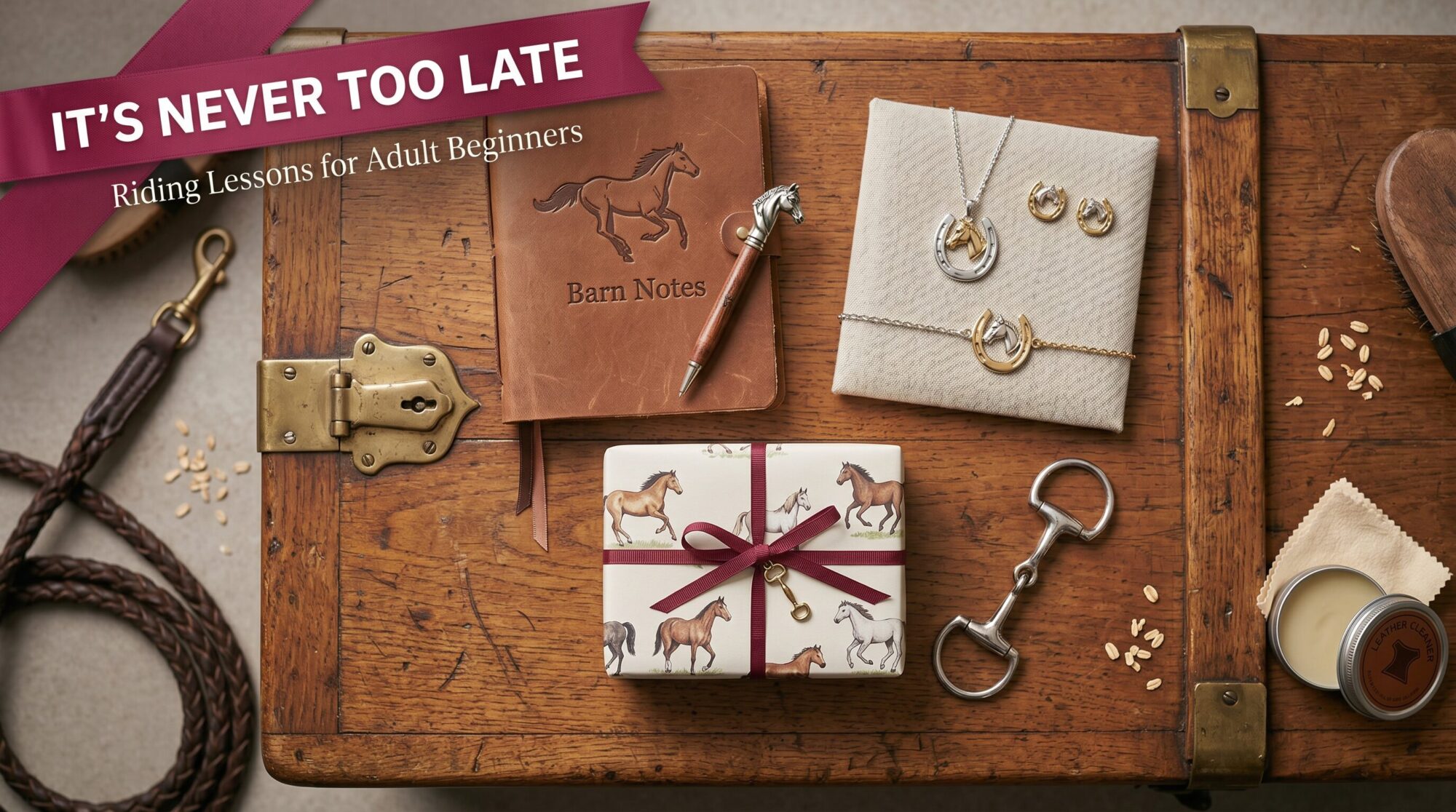 Flat-lay of horse-themed gifts including jewelry and a notebook on a wood tack trunk