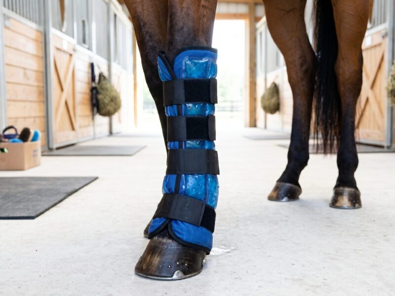 Horse's lower leg wrapped in a therapy boot standing in a clean barn aisle
