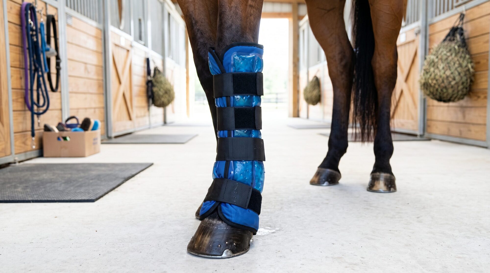 Horse's lower leg wrapped in a therapy boot standing in a clean barn aisle