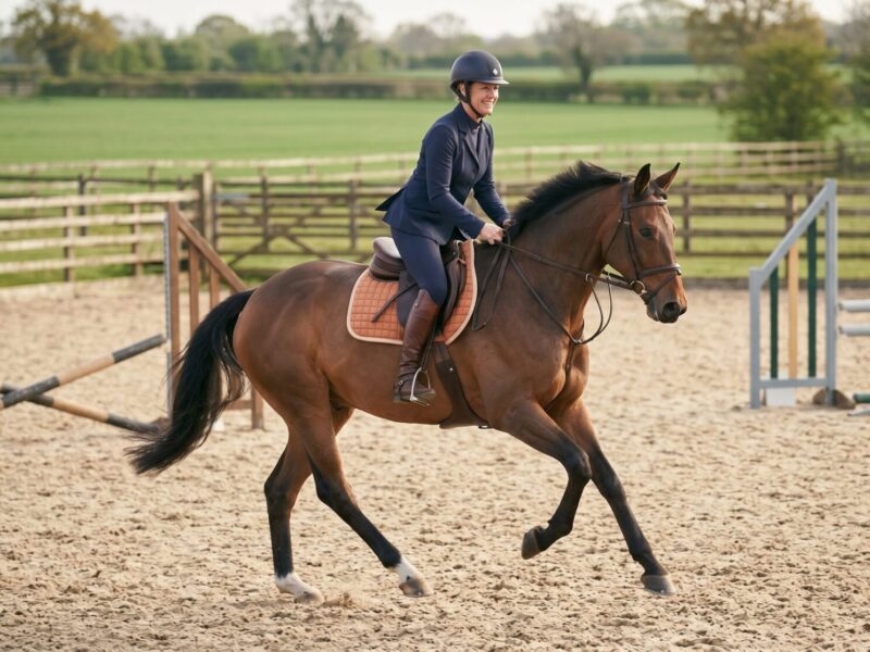 Rider mid-canter in balanced two-point position in an outdoor arena