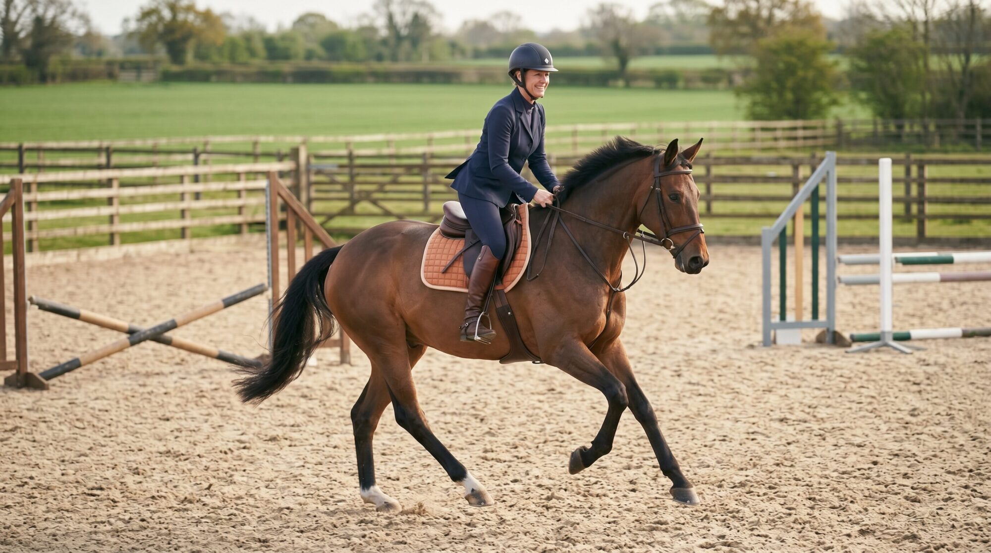 Rider mid-canter in balanced two-point position in an outdoor arena