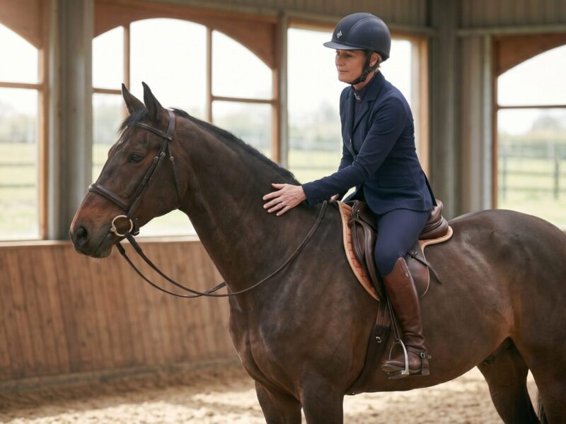 Rider sitting calmly on a horse at a halt with hand resting on its neck
