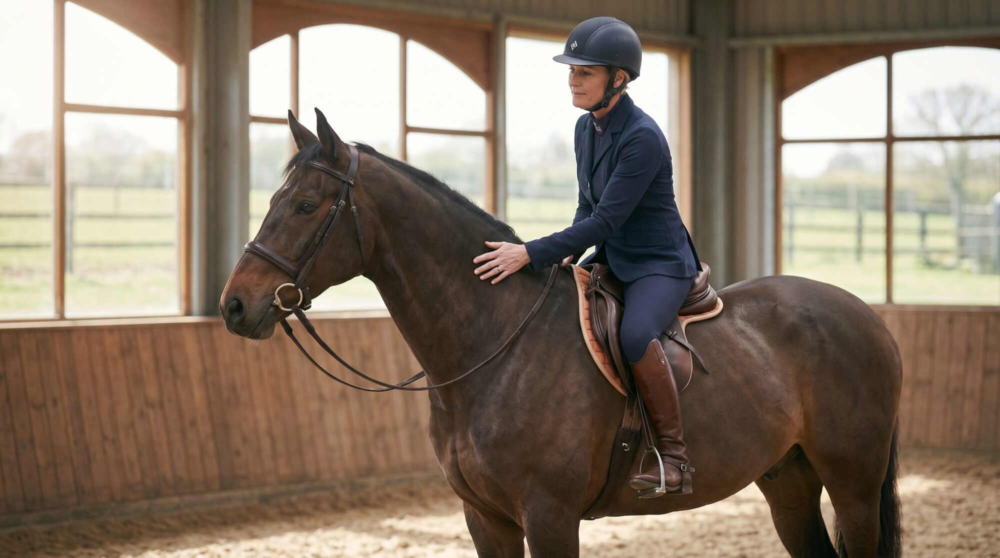 Rider sitting calmly on a horse at a halt with hand resting on its neck
