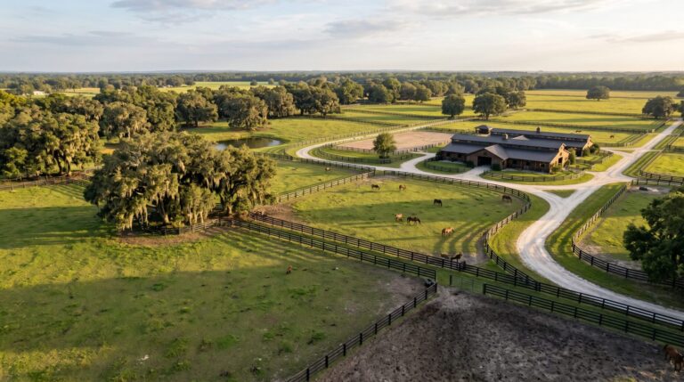 Aerial view of a Florida horse farm at golden hour with black fenced pastures, grazing horses, oak trees, and an equestrian home