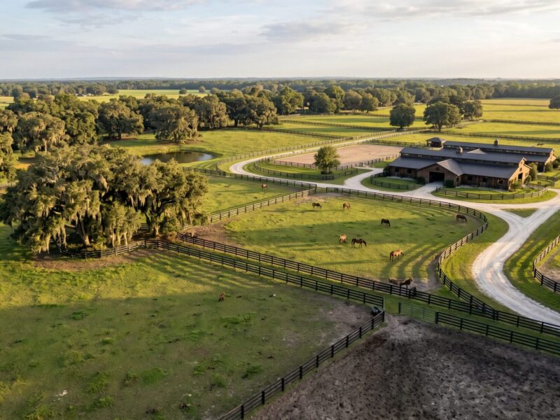 Aerial view of a Florida horse farm at golden hour with black fenced pastures, grazing horses, oak trees, and an equestrian home
