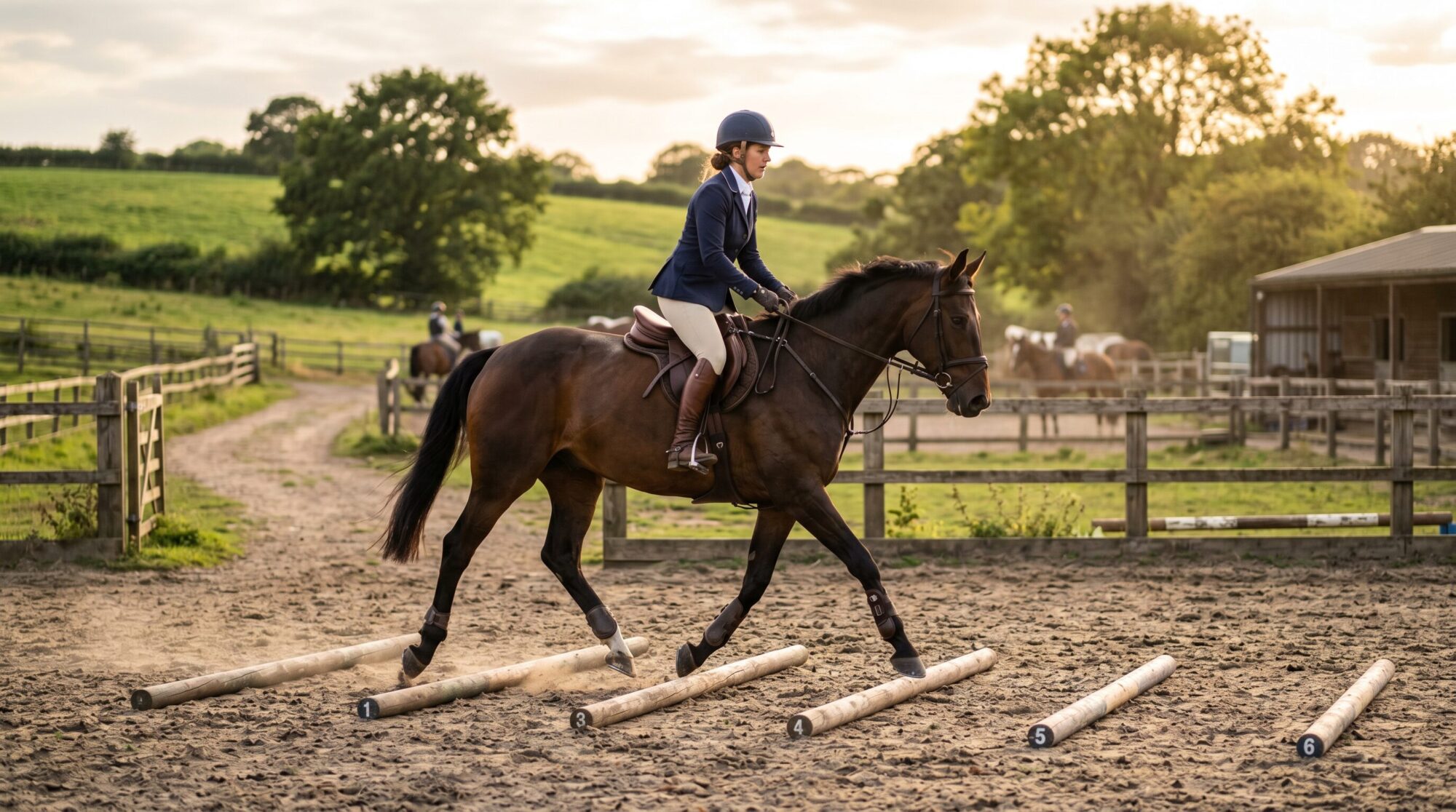 Rider in a helmet trotting an English horse over a row of ground poles in an outdoor arena at golden hour