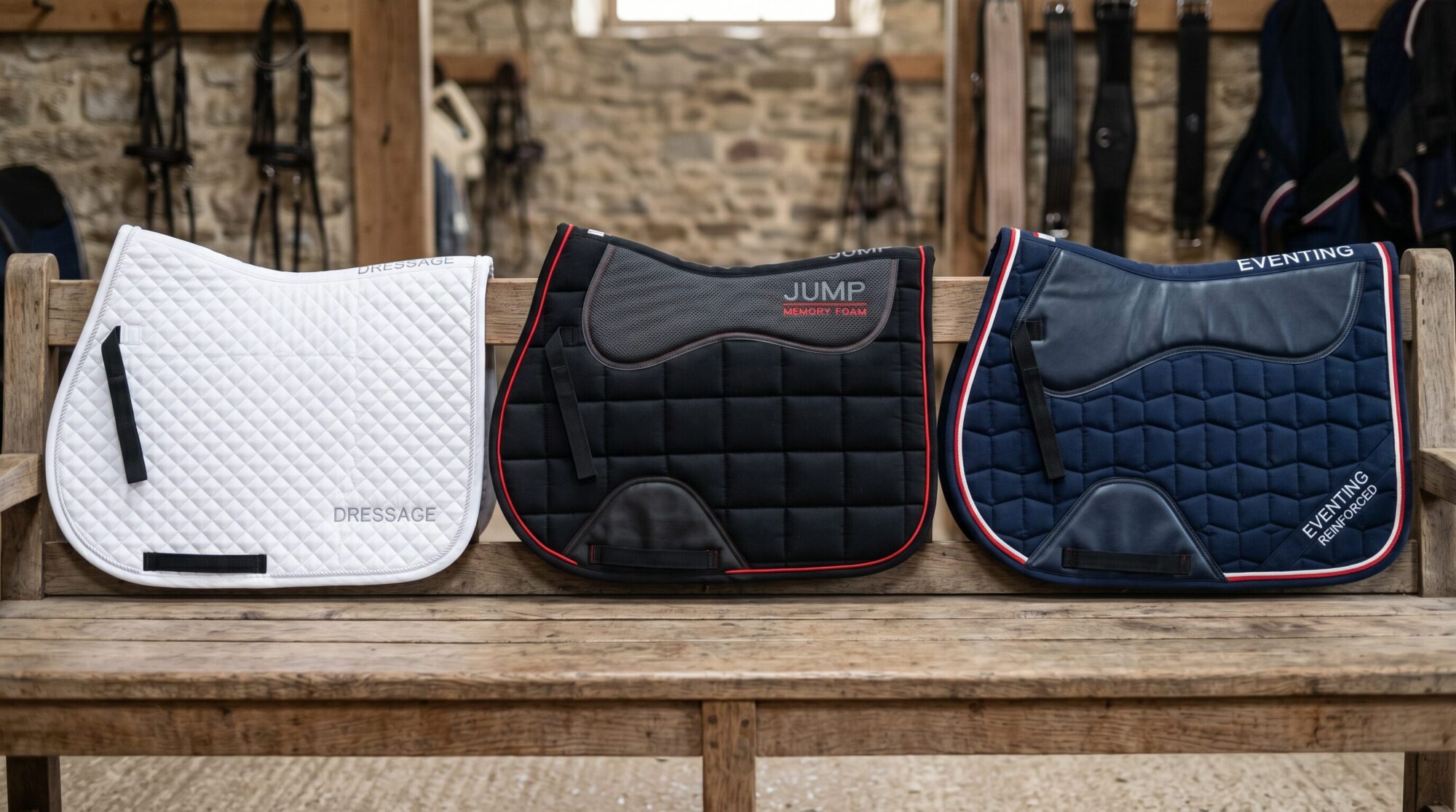 Three English saddle pads lined up for comparison — a thin white dressage pad, a black memory-foam jump pad, and a navy reinforced eventing pad