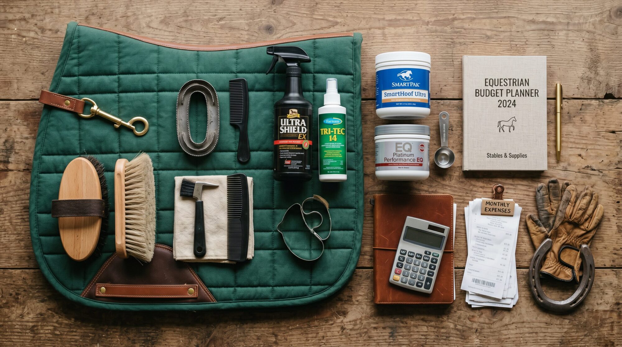 Flat lay of equestrian supplies and products organized neatly for budget planning
