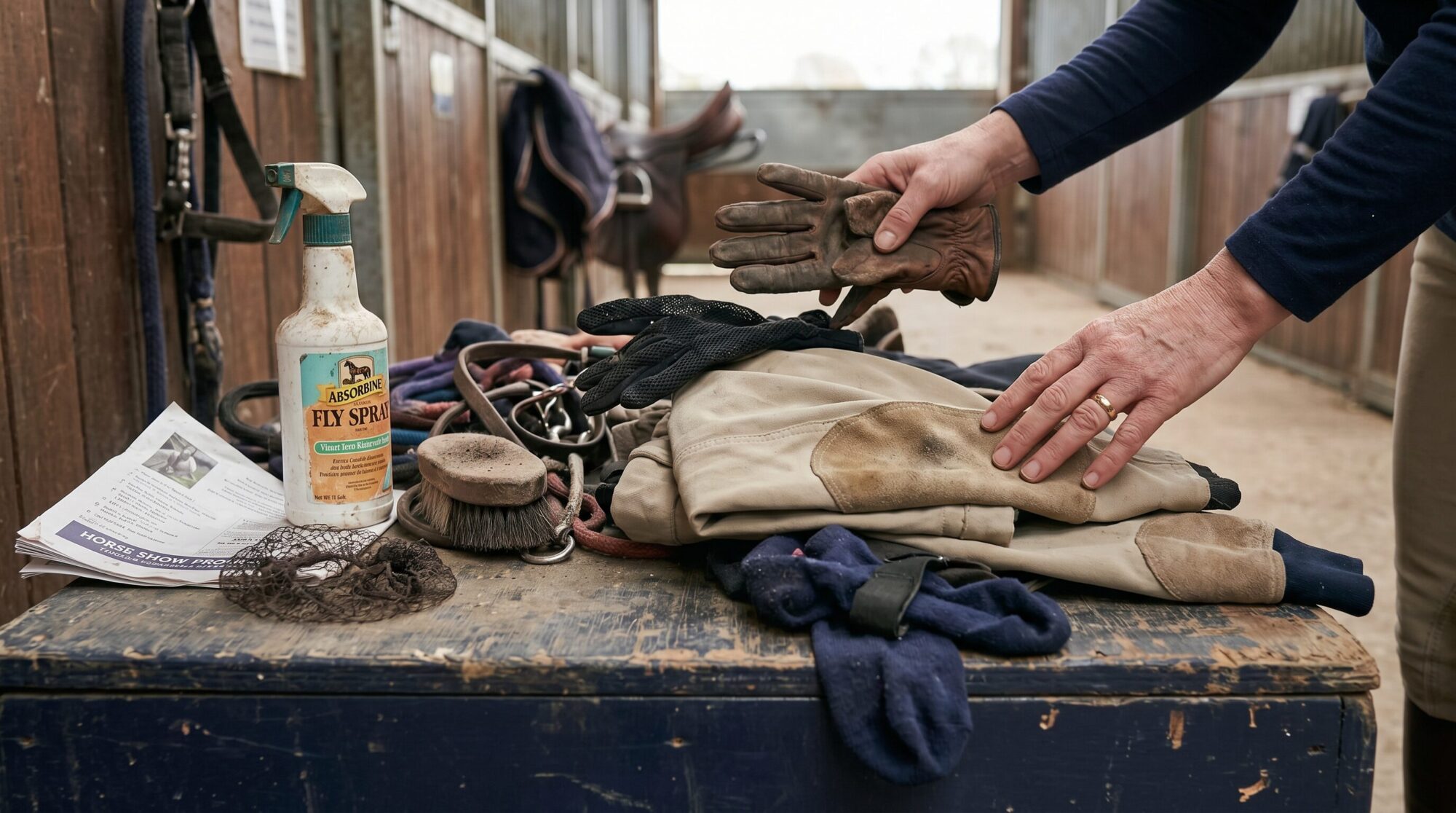 Close-up of barn mom sorting through riding gear and tack on a trunk