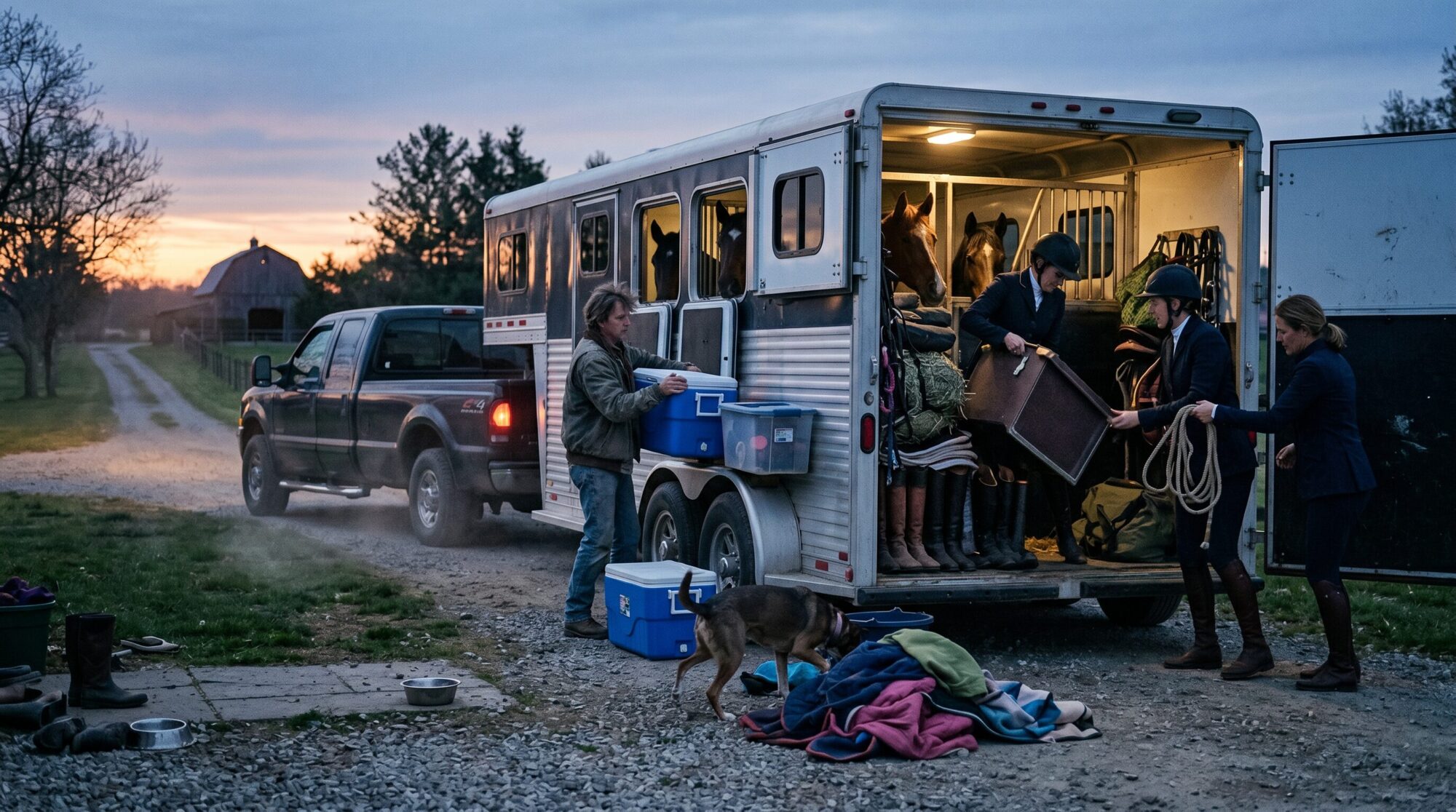 Loaded horse trailer hitched to a truck at dawn before a horse show