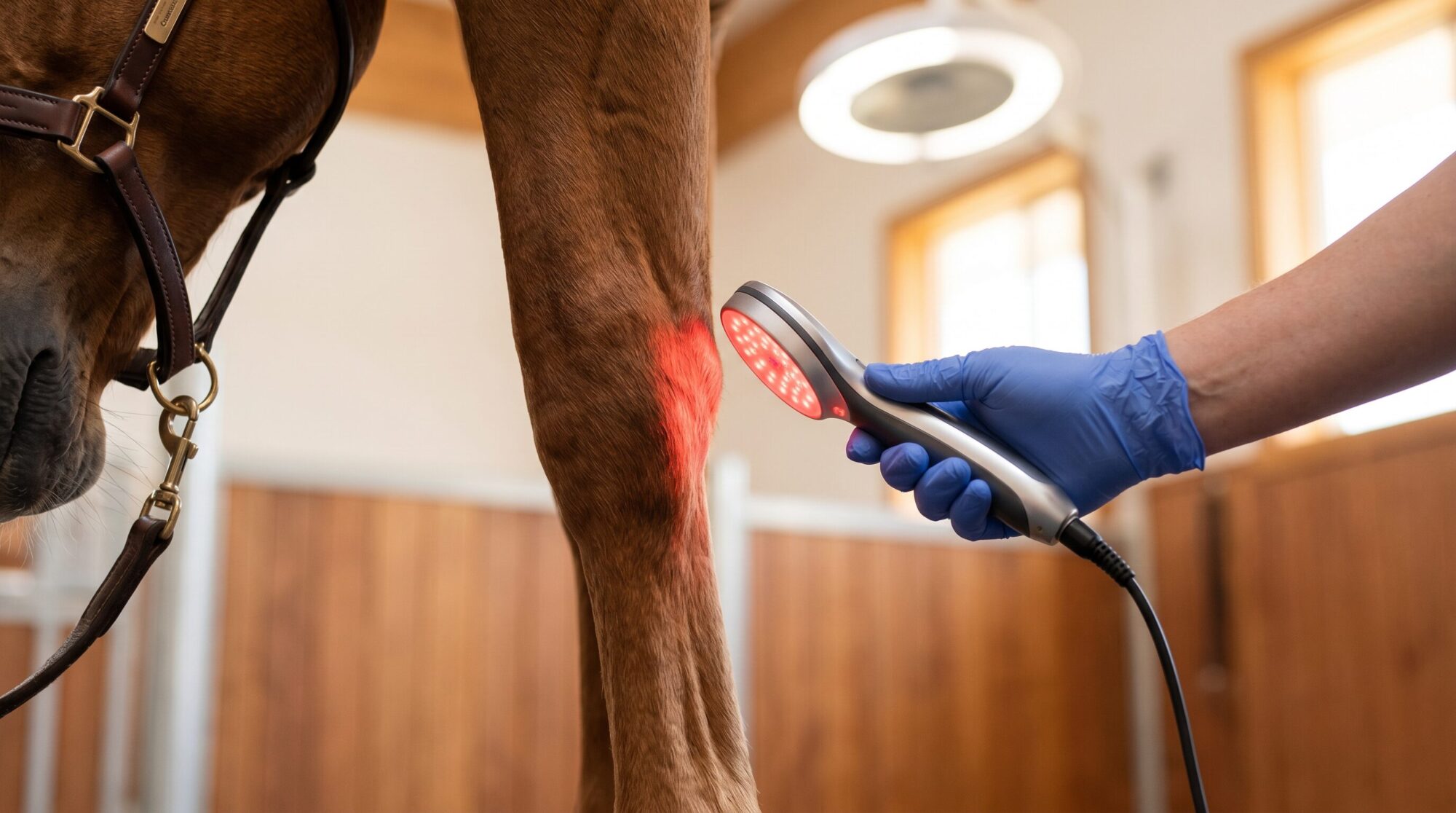 Handheld cold laser therapy device held near a horse's leg